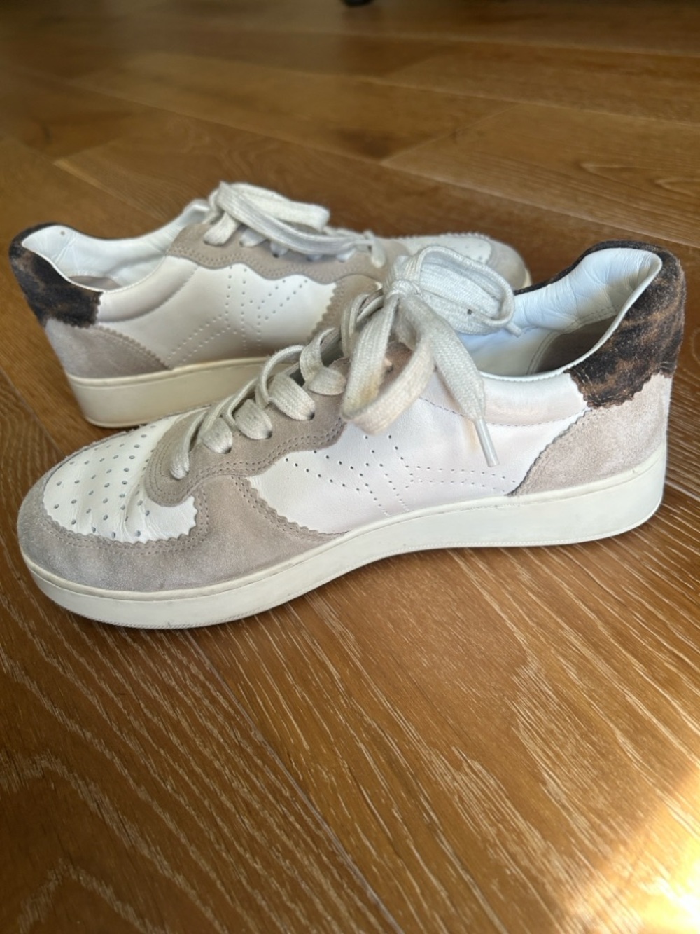 Veronica Beard Lennox White Leather and Taupe Suede-Trim Sneakers -Leopard Print